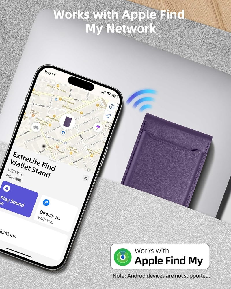ExtreLife For Magsafe Wallet, Works with Apple Find My, Strongest Magnetic Wallet for iPhone 17/16/15/14/13/12 Series, WalletTracker with Adjustable Stand, 6 Cards Holder, Vegan Leather, Purple - Image 2